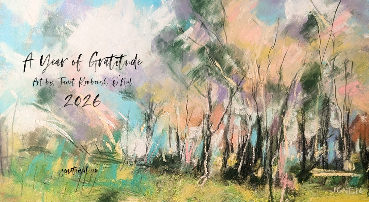 Artistic depiction of a forest with abstract colors and 'A Year of Gratitude' text on a 2026 calendar cover.