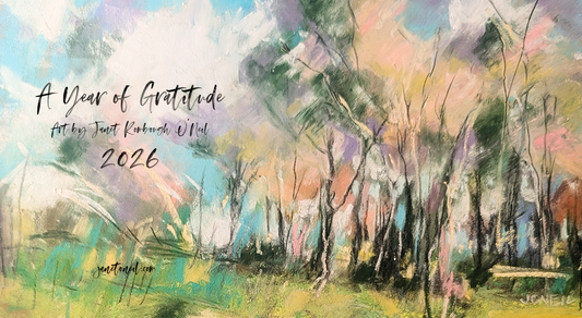 Artistic depiction of a forest with abstract colors and 'A Year of Gratitude' text on a 2026 calendar cover.